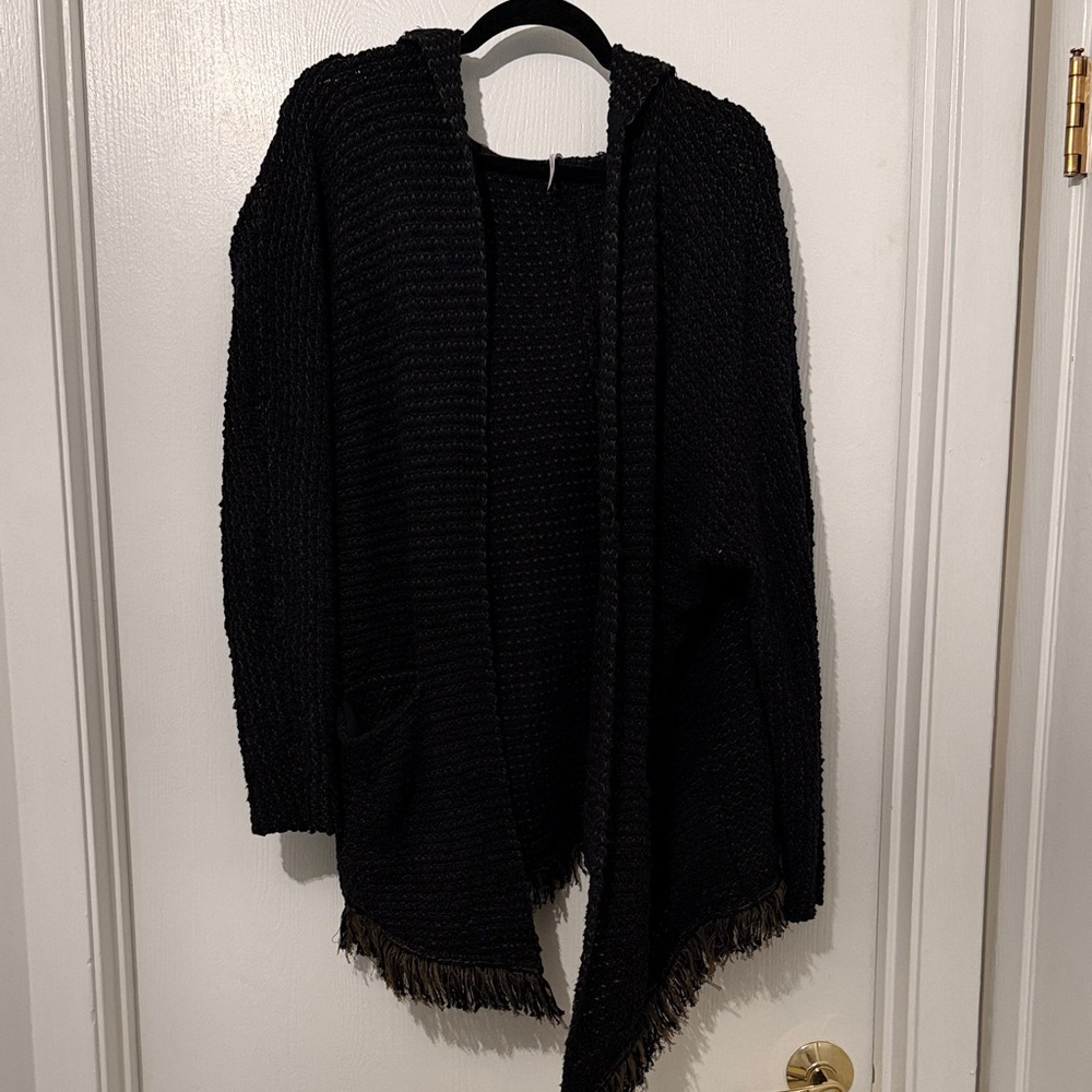 Free People Black Hooded Fringe Open-Front Cardigan